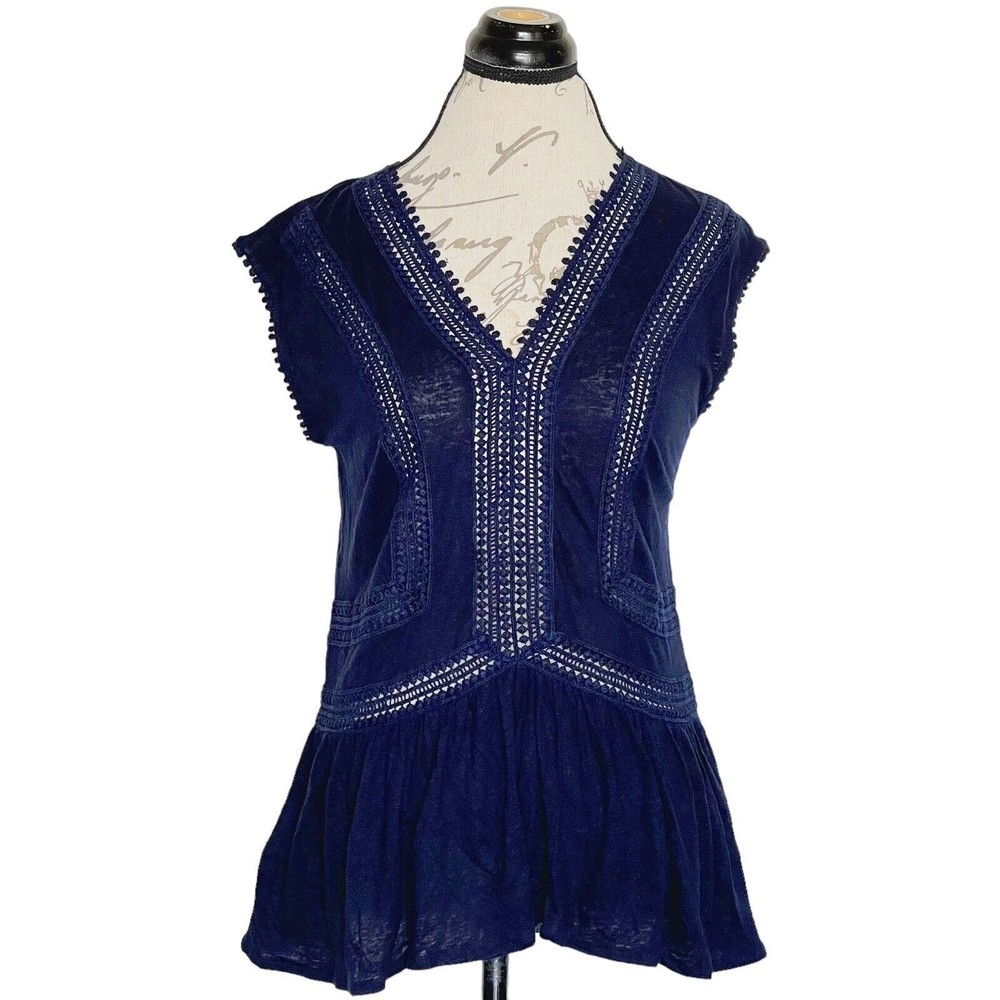 Loft Blouse Womens Peasant Tunic Crochet Blue Size XS Bohemian Linen Blend